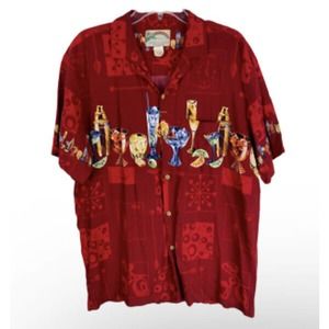 Vintage Paradise Found Mens L Red Shirt Top USA Made Cocktails Hawaiian Aloha